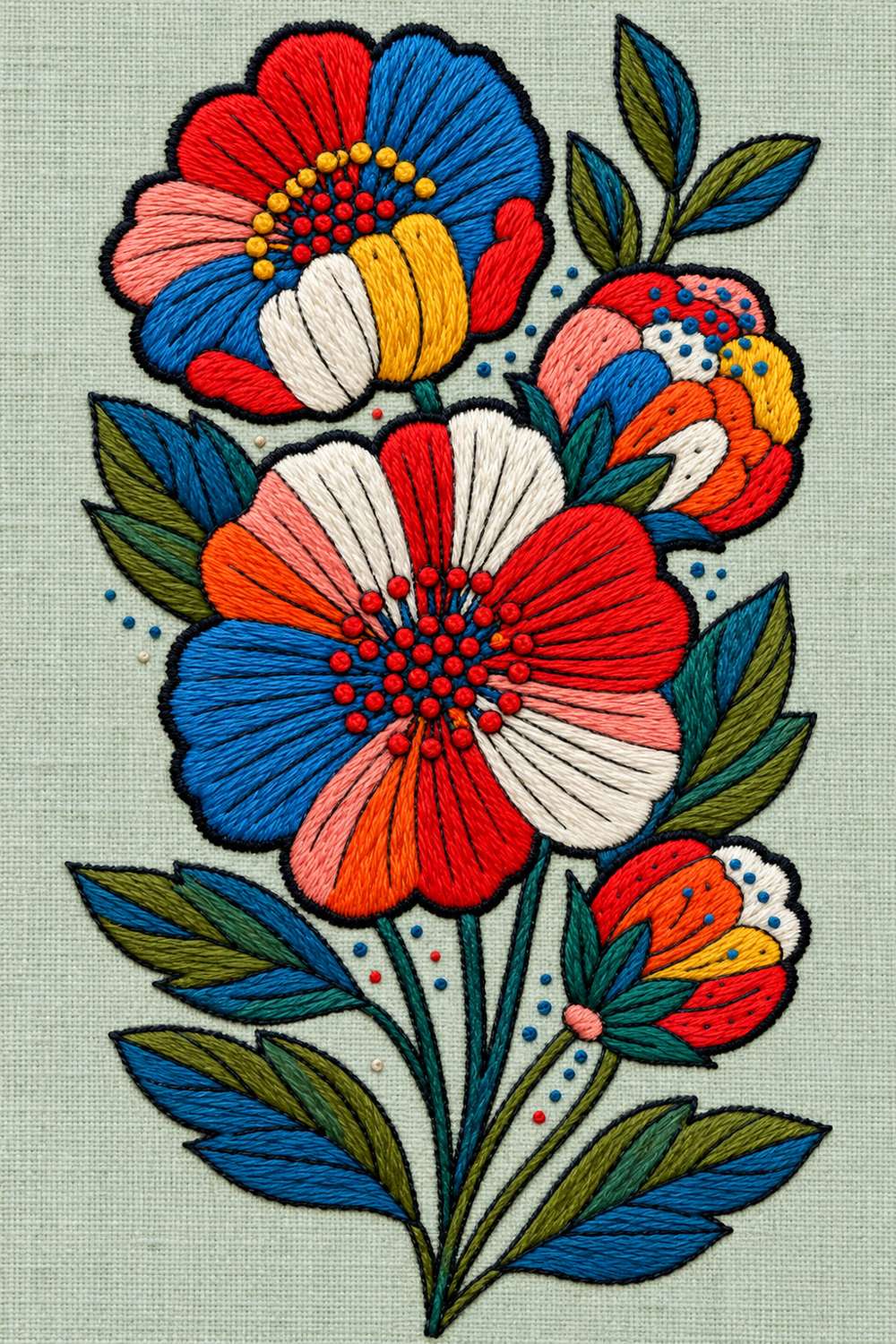 Embroidery visualization: exactly four colour-block flowers on branching stems with blue and olive leaves, multicolour petals and small dots on muted light celadon linen.