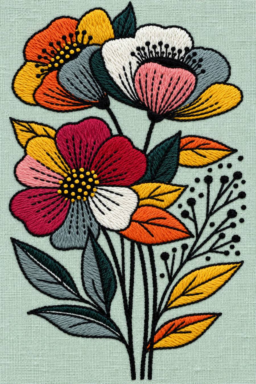 Hand embroidery of exactly three colour-block poppy-like flowers with yellow orange burgundy pink white and grey petals, slender black stems, pointed leaves and a fine seedhead spray on pale muted celadon linen.