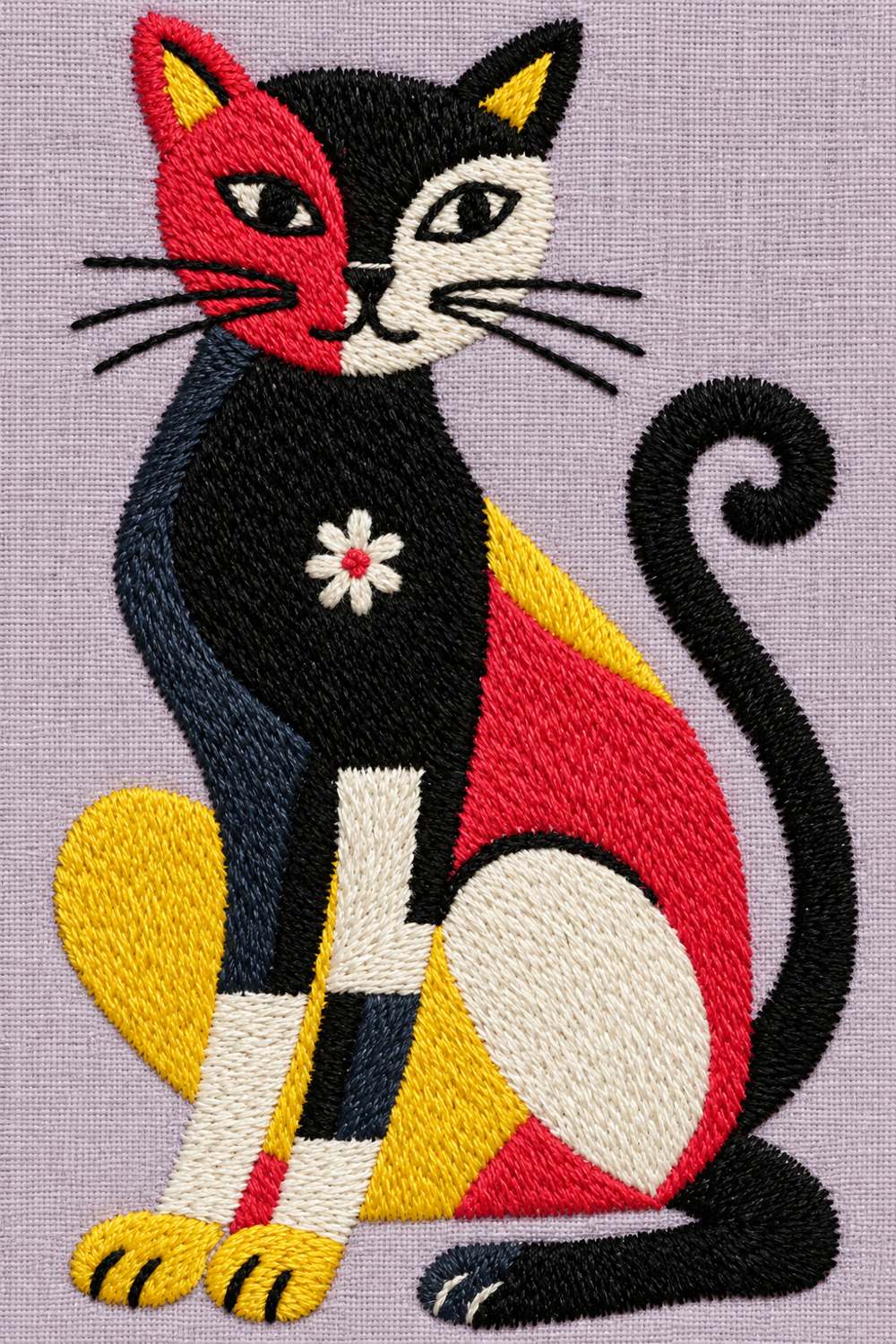 Embroidery visualization: one sitting colour-block cat with curled black tail, red and ivory face, yellow and red body panels, ivory hind leg and tiny white chest flower on pale dusty lavender linen.