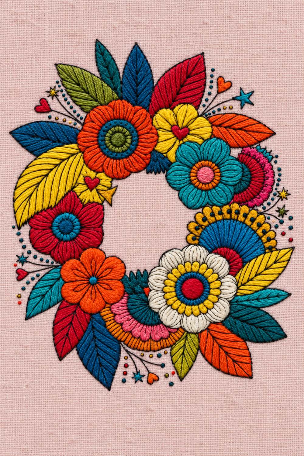 Hand embroidery of oval wreath of colourful layered flowers and pointed leaves, tiny hearts, stars and dots, surrounding a large empty centre on soft pale dusty rose linen.