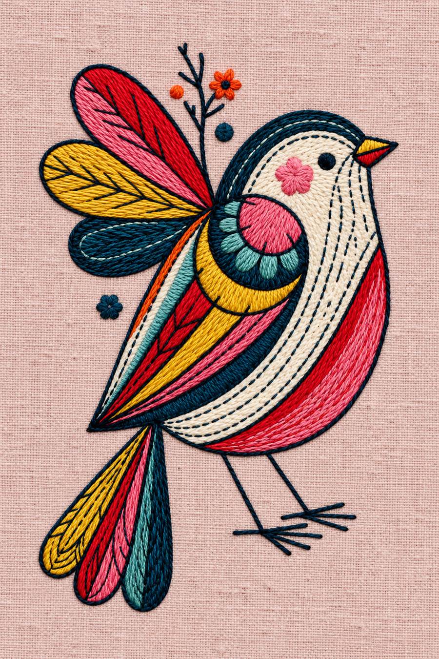 Hand embroidery of one colourful folk bird facing right, with a long divided tail, three leaf-like wing feathers pointing upper left, fine legs, a pink cheek flower and a tiny botanical sprig on soft pale dusty rose linen.