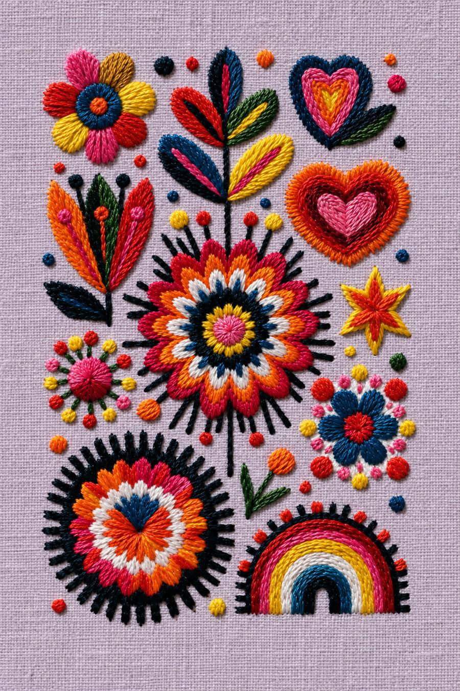 Embroidery visualization: layered floral rosettes, leafy sprigs, hearts and rainbow on lavender linen.