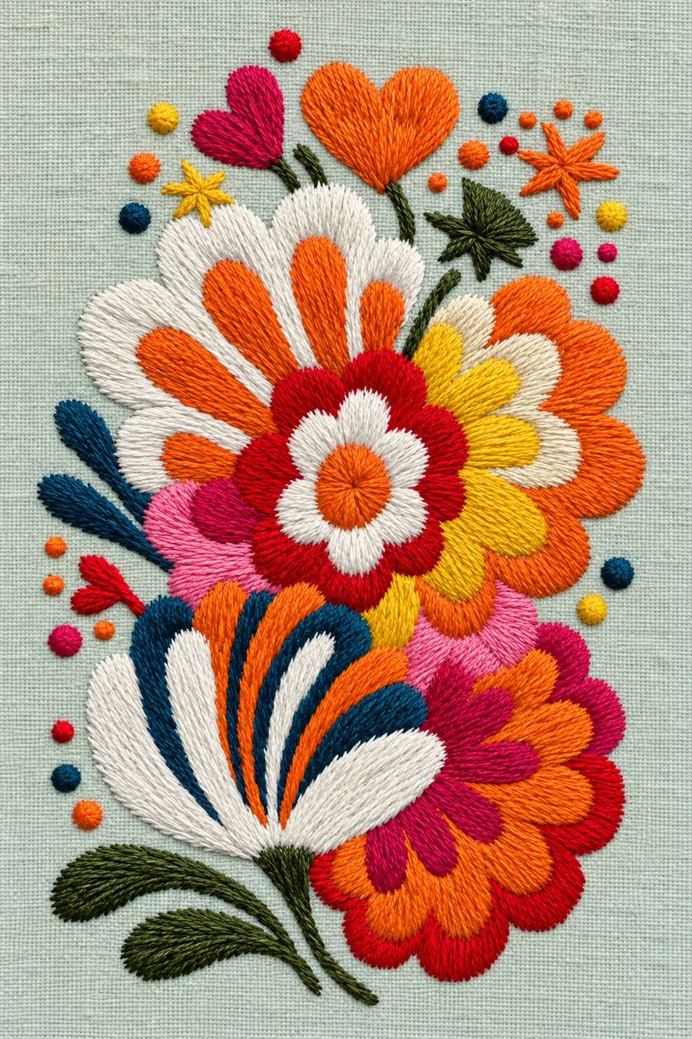 Hand embroidery of compact upright folk floral spray of layered orange red pink yellow and white blooms, two heart-shaped buds, blue and green leaves, tiny stars and dots on pale muted celadon linen.