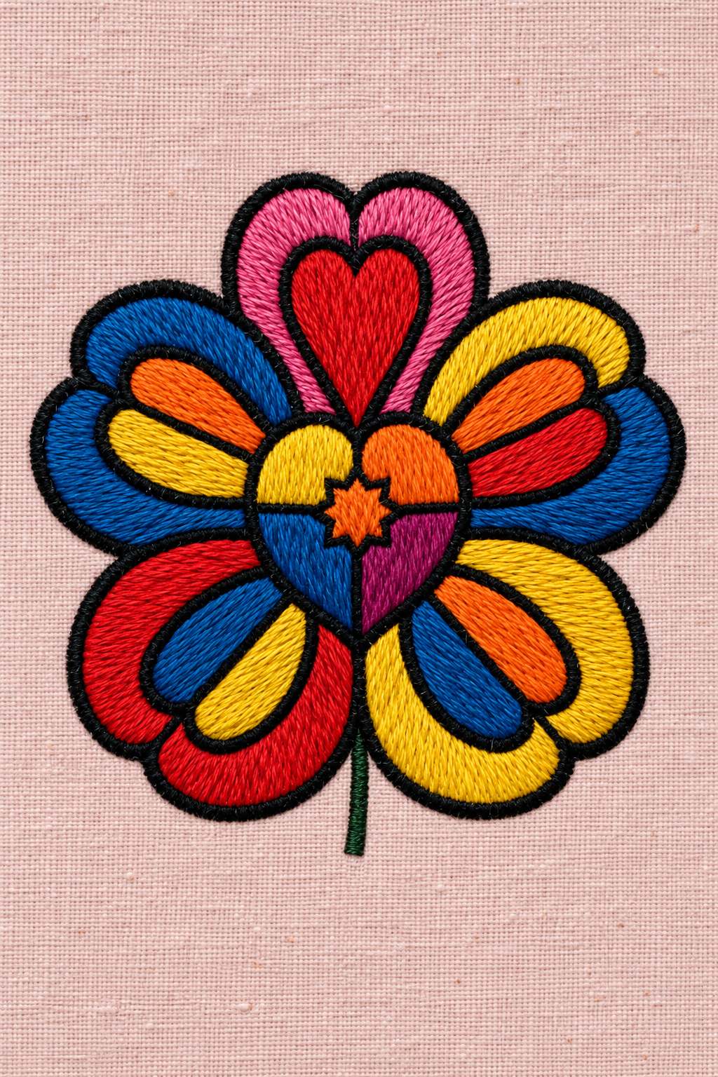Hand embroidery of one five-petalled multicolour flower with thick black outlines, heart-shaped pink upper petal and colour-block blue orange red yellow petals on a short green stem on soft pale dusty rose linen.