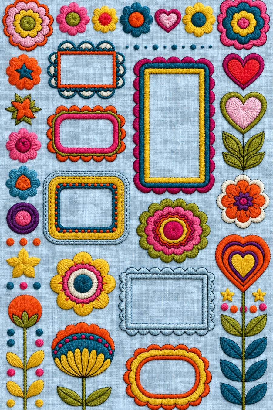 Embroidery visualization: exactly six empty ornamental frames with flowers, heart motifs, stems and decorative dots; preserve all six frame interiors as plain visible cloth on soft light powder blue linen.