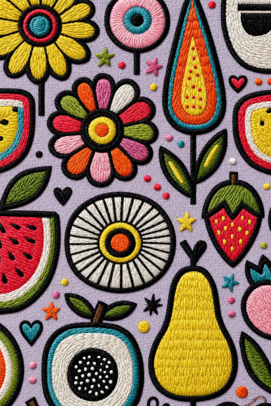 Hand embroidery of dense playful floral and fruit sampler with daisies, circular blossoms, pear, strawberry, lemon and small leaves on soft dusty lavender linen.