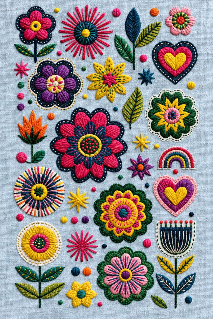 Embroidery visualization: floral patches, rosettes, hearts and small rainbows on powder blue linen.