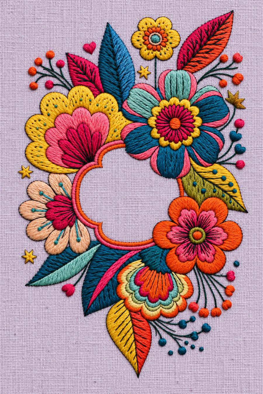 Embroidery visualization: ornamental floral composition around one small scalloped empty frame, with layered blooms, pointed leaves, fine berry stems and small stars on pale dusty lavender linen.