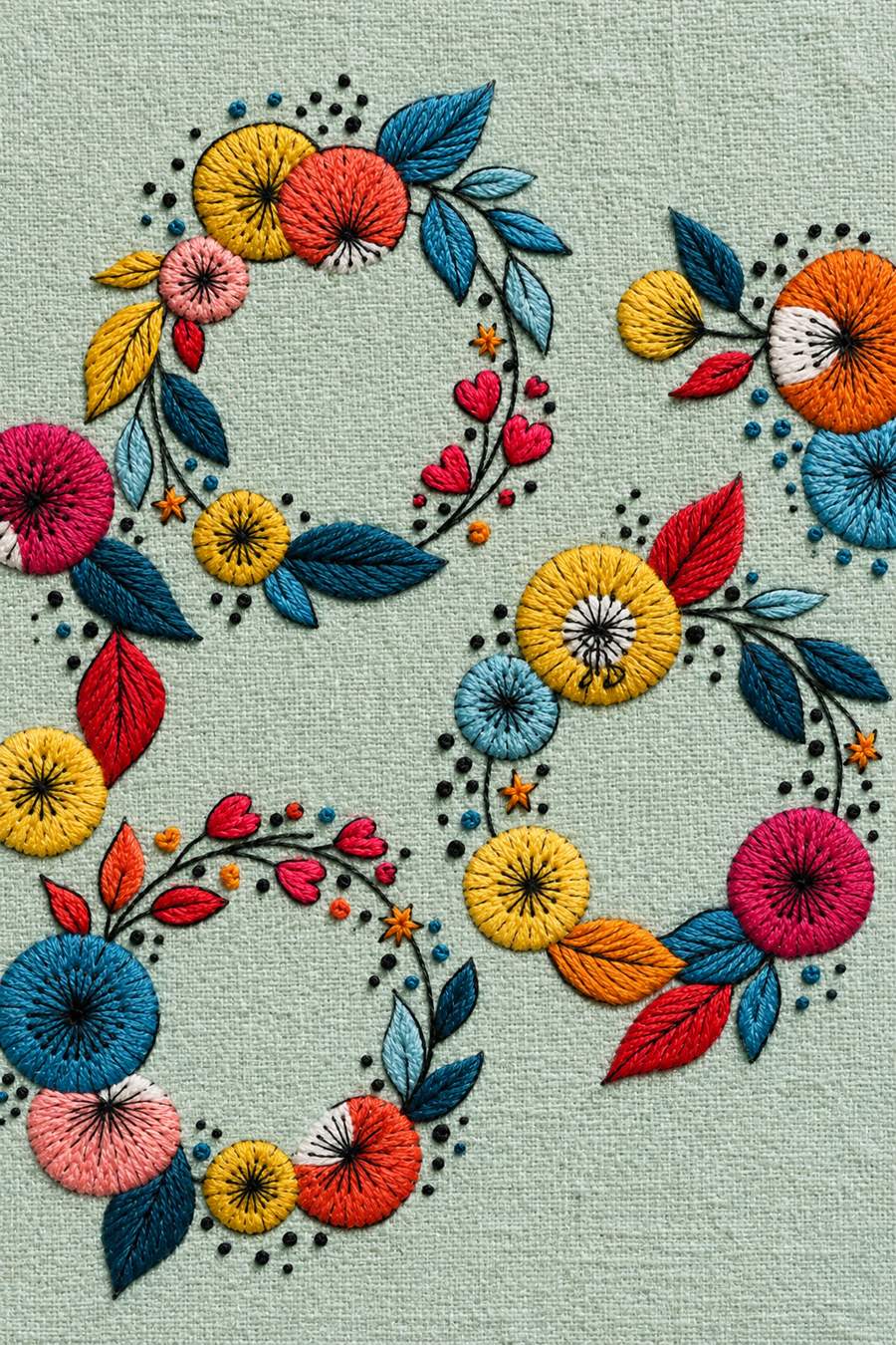Embroidery visualization: three floral wreaths with small hearts on celadon linen.