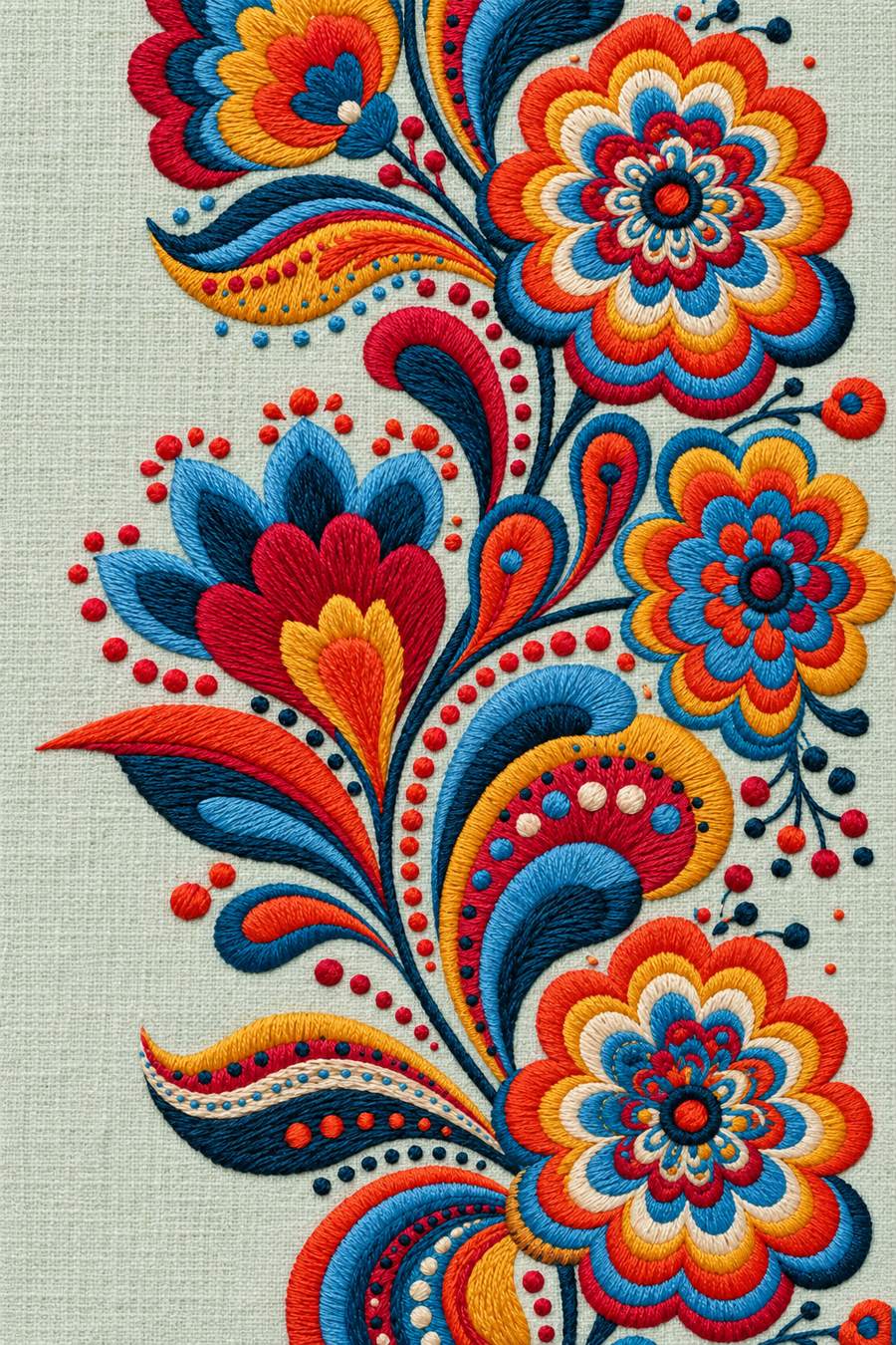 Hand embroidery of sweeping folk floral paisley border with scalloped multicolour rosettes, pointed blue red leaves and tiny dots on muted pale celadon linen.
