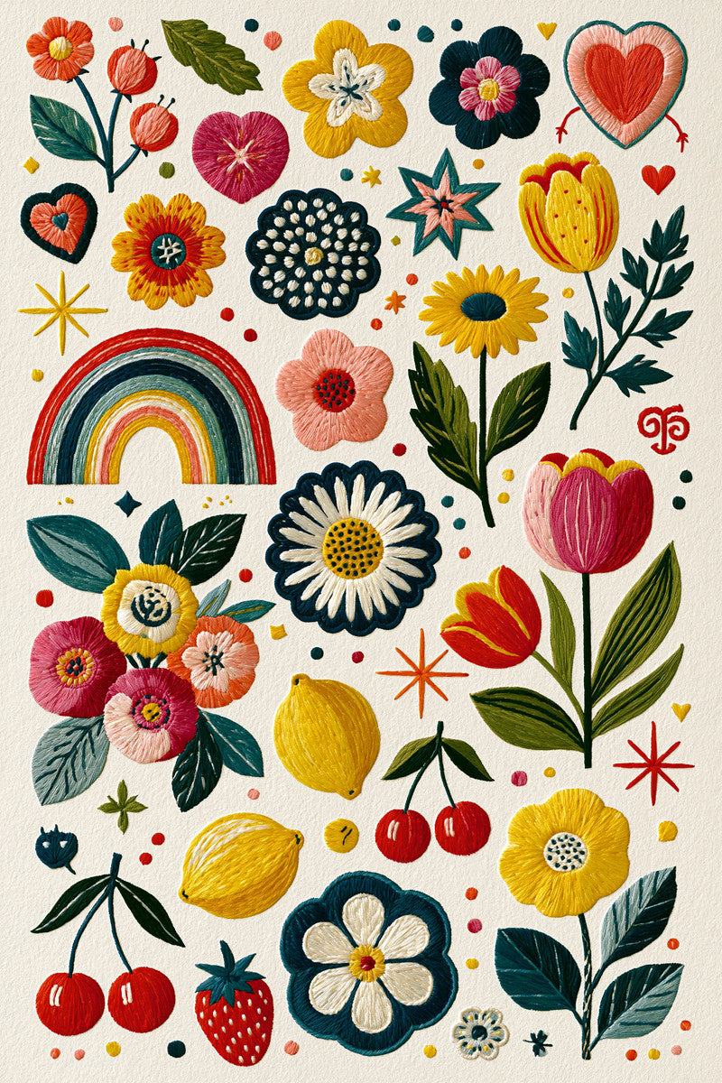 Original book artwork: folk flowers, tulips, cherries, lemons and rainbow, from Color Pop Patches and Playful Motifs Edition Two.