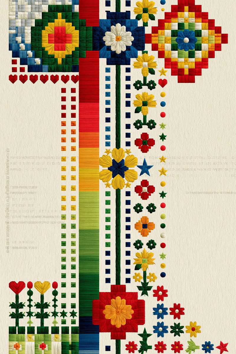 Original design: counted geometric folk border with square-and-diamond colour blocks, vertical multicolour bands, tiny grid squares, flowers, hearts, stars and small bottom stems.