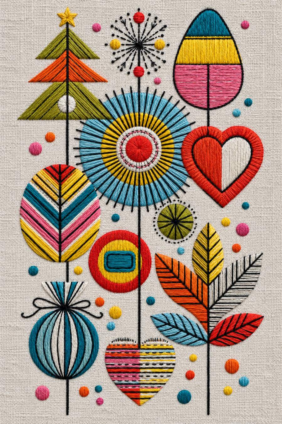 Hand embroidery of geometric folk sampler with triangular evergreen tree, abstract leaves, large circular sunburst, two hearts and stylised round seedheads on fine straight stems on pale warm stone grey linen.