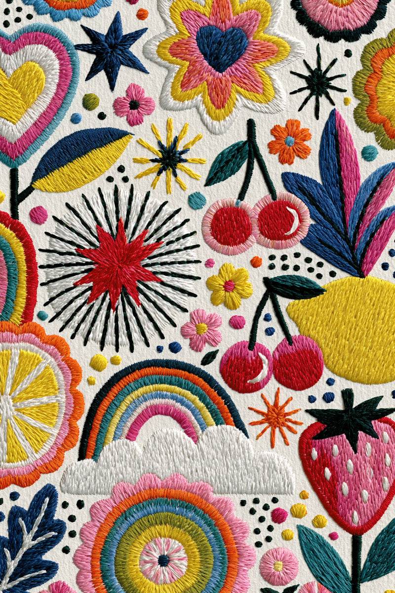 Original design: close-packed heart flowers, stars, paired cherries, yellow lemon, pink strawberry, rainbow, citrus and rosettes.