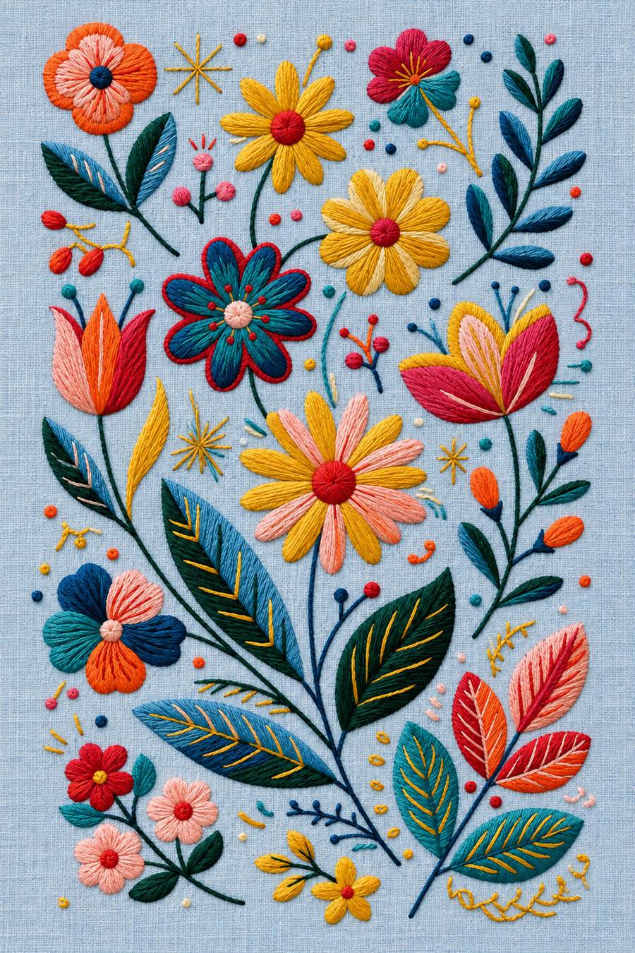 Hand embroidery of upright joyful flowering plant with daisies, tulips, cup flowers and broad pointed colour-block leaves on muted powder blue linen.