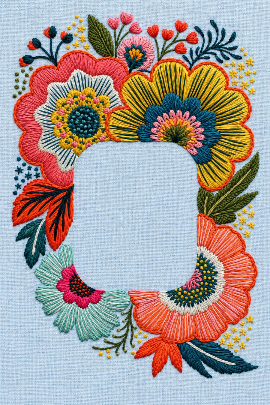 Hand embroidery of four large layered blooms with leaves and fine small flower stems surrounding an empty rounded rectangular frame on soft pale powder blue linen.