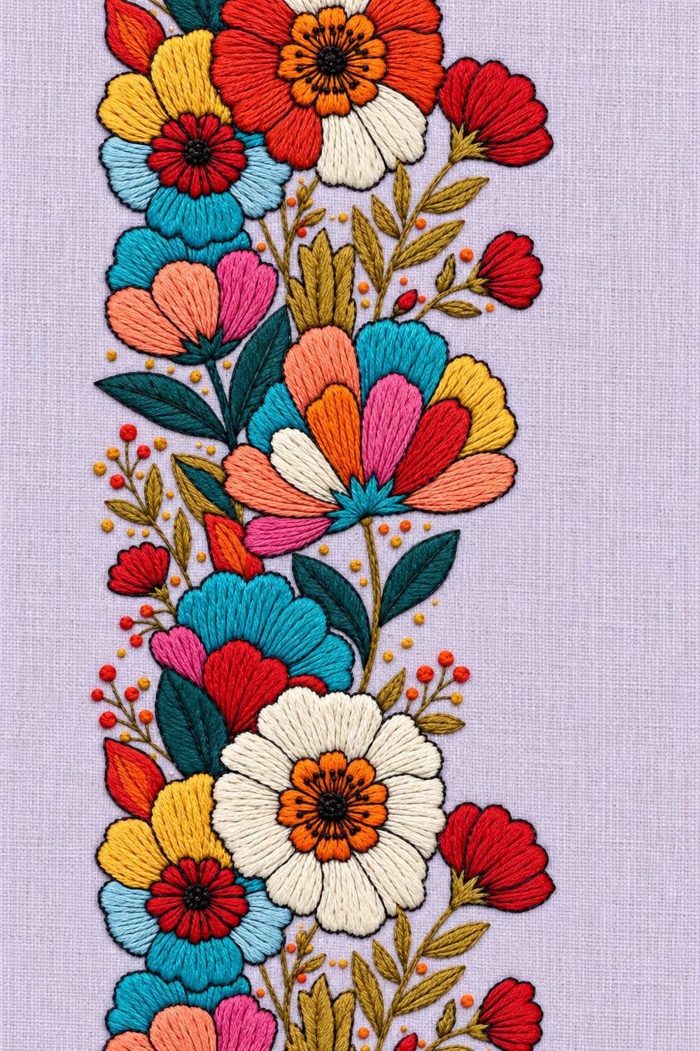 Hand embroidery of dense vertical large-flower border with orange blue pink and ivory blooms and fine branching seedheads on soft pale lavender linen.