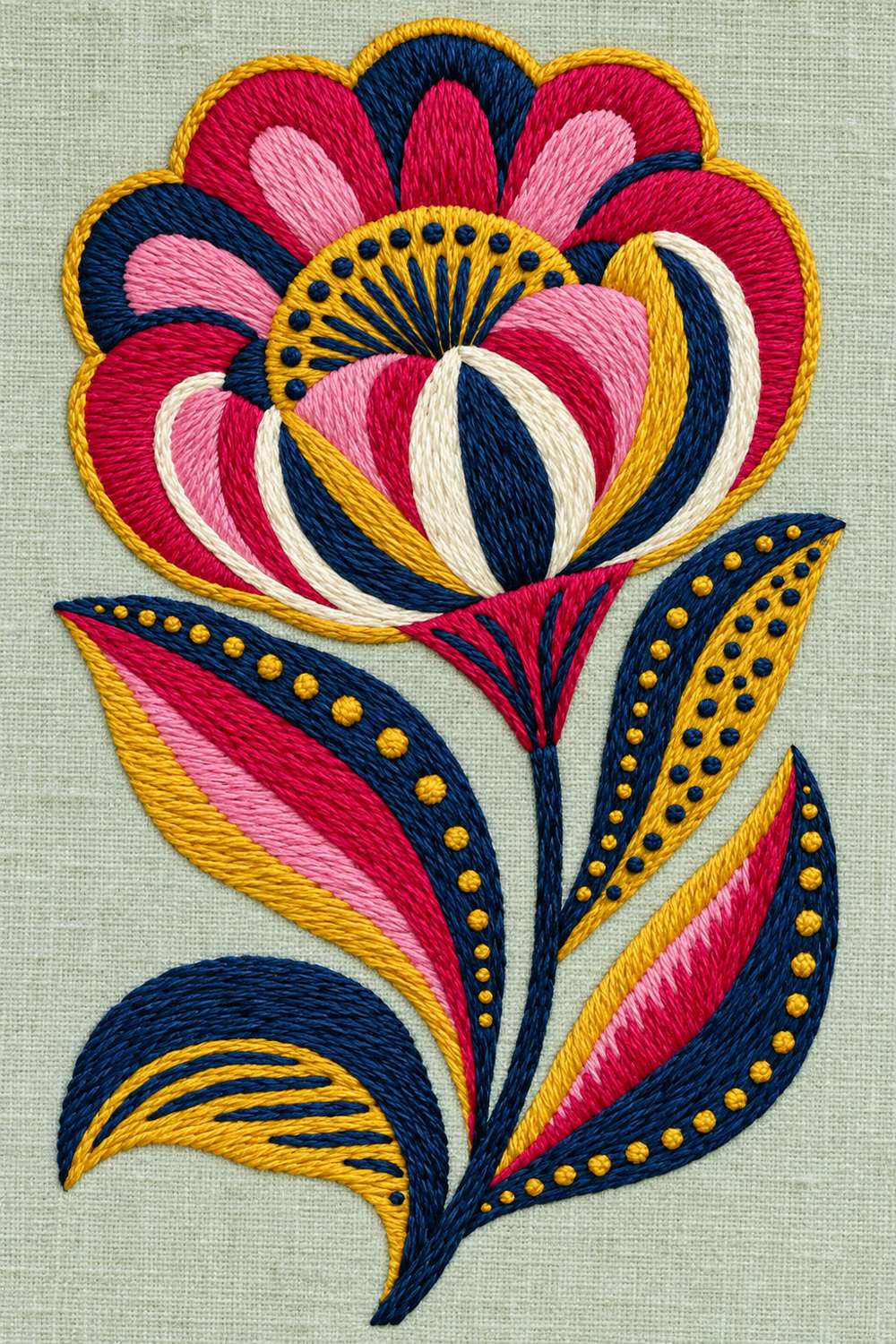 Embroidery visualization: large magenta and navy scalloped flower with colour-block leaves on celadon linen.