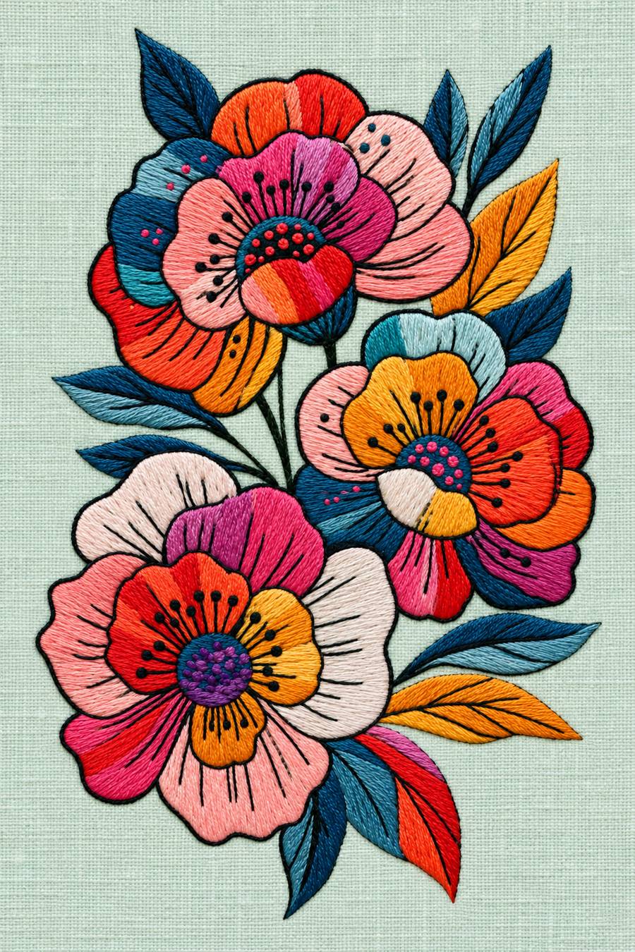 Hand embroidery of exactly three large layered colour-block flowers on a single branching stem with long pointed leaves on soft pale celadon linen.