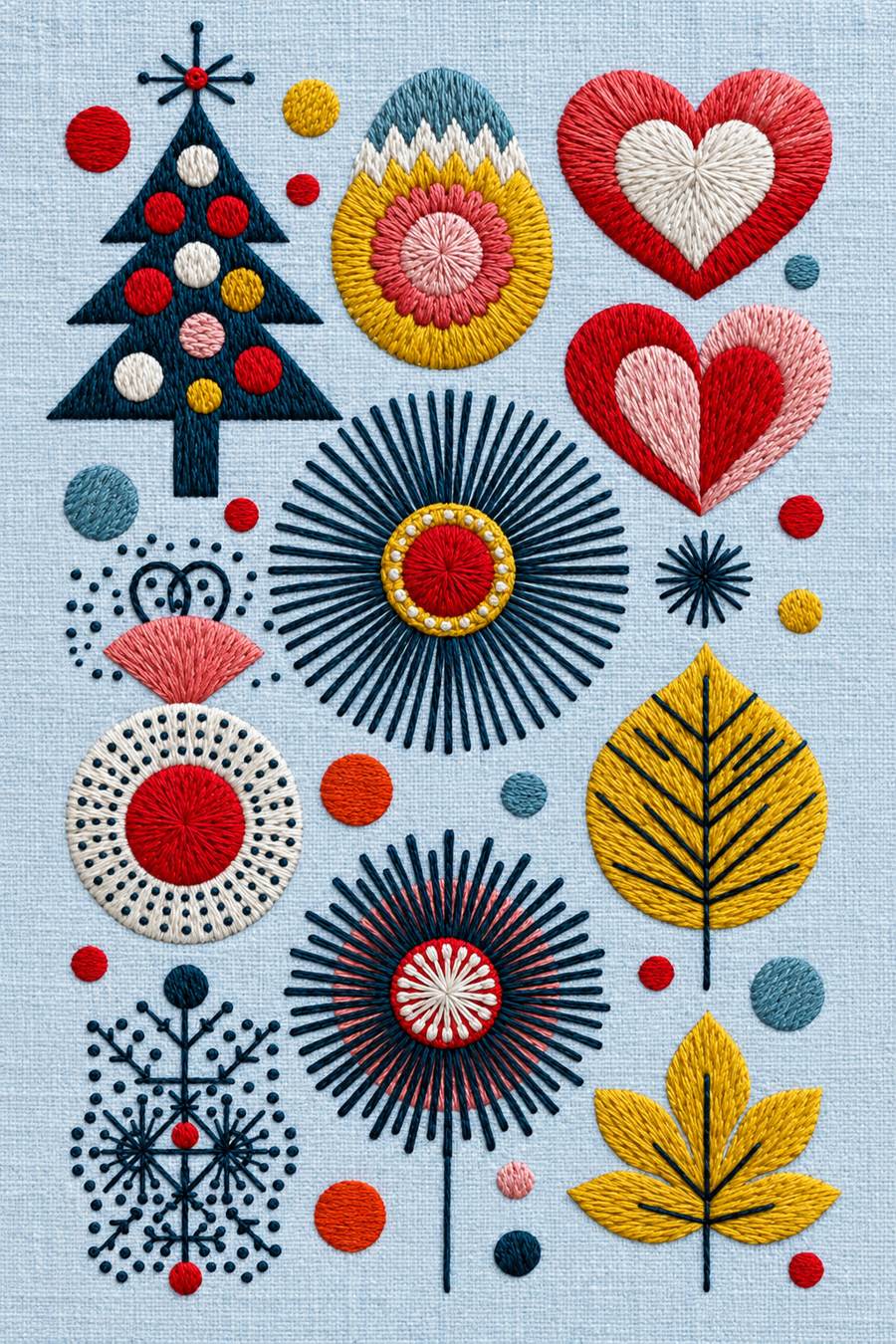 Hand embroidery of one modern sampler with a decorated tree, layered hearts, oval rosette, long-rayed sunbursts, yellow leaves and dotted branching motif on soft pale powder blue linen.
