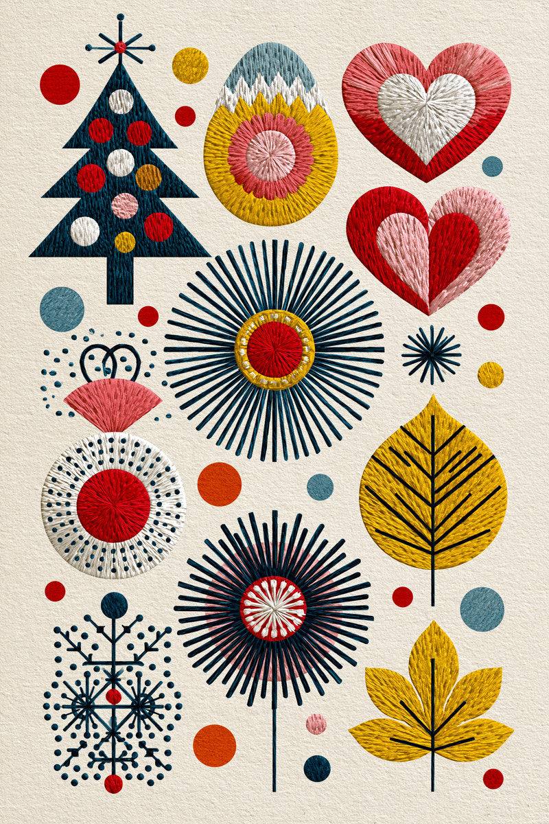 Original design: one modern sampler with a decorated tree, layered hearts, oval rosette, long-rayed sunbursts, yellow leaves and dotted branching motif.