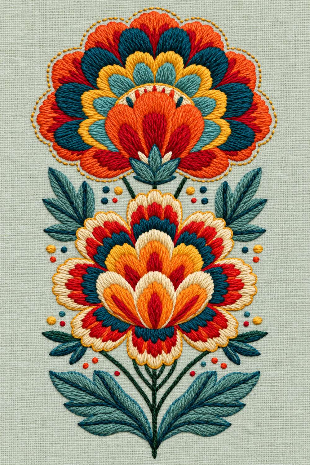 Hand embroidery of exactly two large layered scalloped folk flower heads, one above the other, with blue green pointed leaves, fine stems, small dots and the original fine golden dotted contour on muted pale celadon linen.