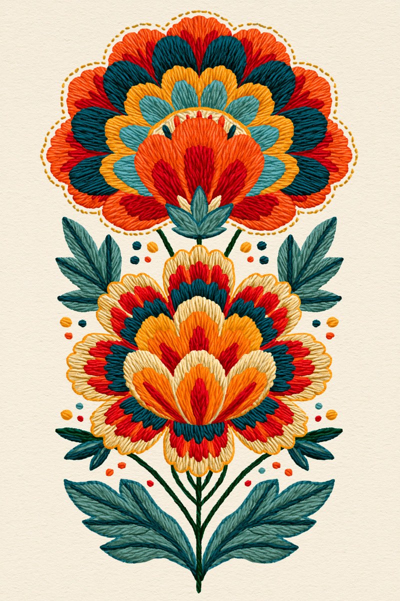 Original design: exactly two large layered scalloped folk flower heads, one above the other, with blue green pointed leaves, fine stems, small dots and the original fine golden dotted contour.
