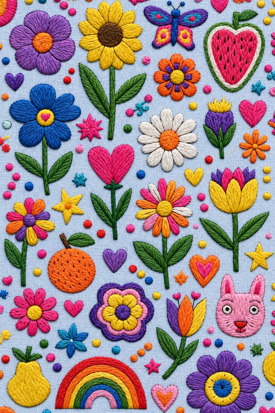 Hand embroidery of all-over playful sampler of colourful flowers, hearts, stars, butterfly, strawberry, orange, pear, rainbow, pink rabbit face, pointed leaves and small dots on soft pale powder blue linen.