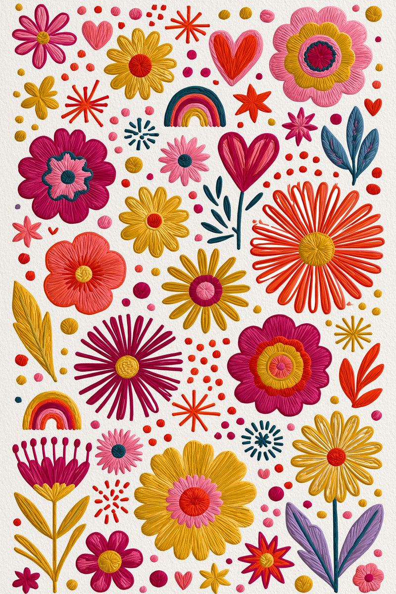 Original design: dense playful flower sampler with rosettes, hearts, rainbows, leaves and tiny dots.