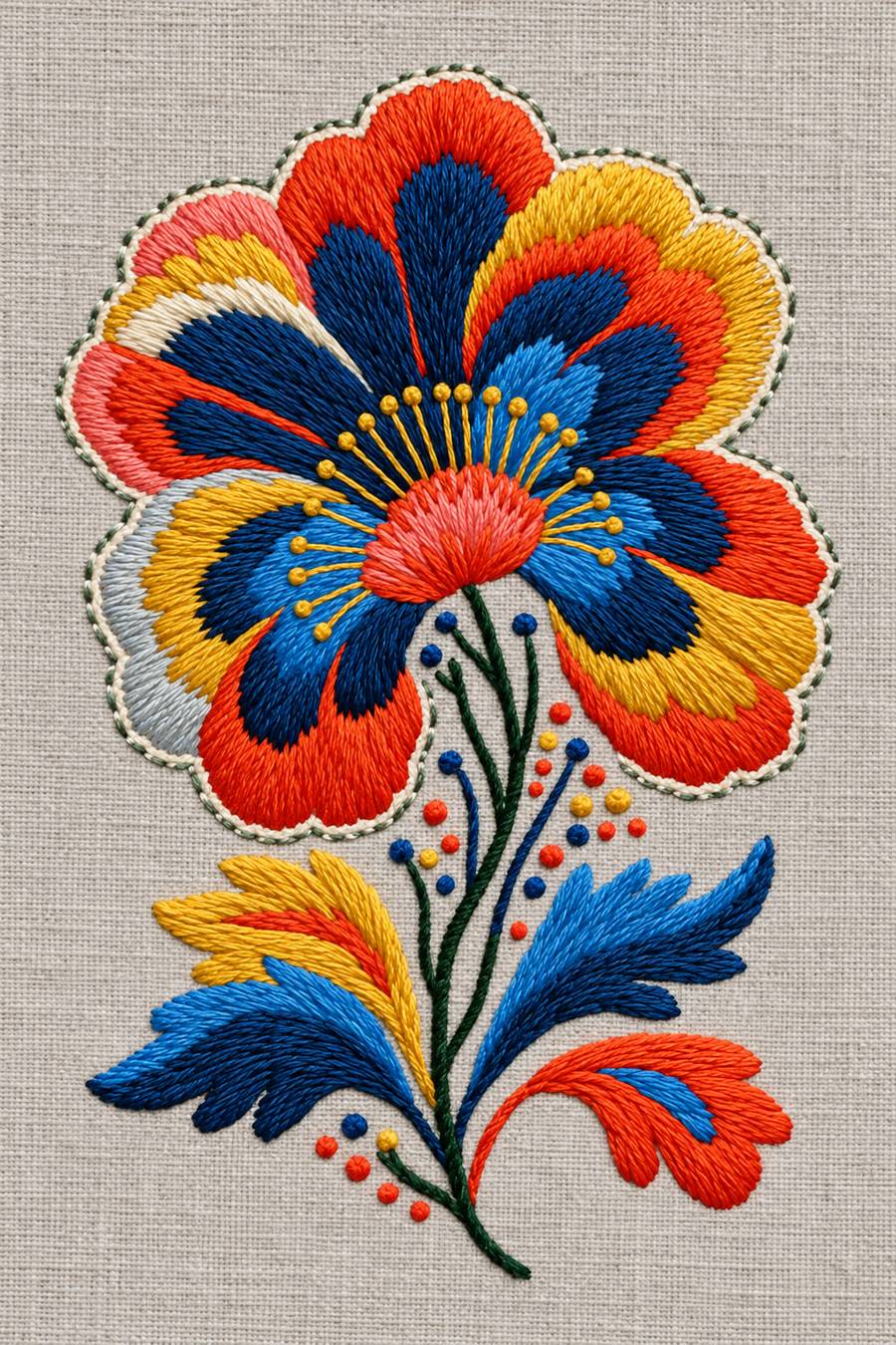 Embroidery visualization: large blue, orange and mustard scalloped fan flower on stone grey linen.