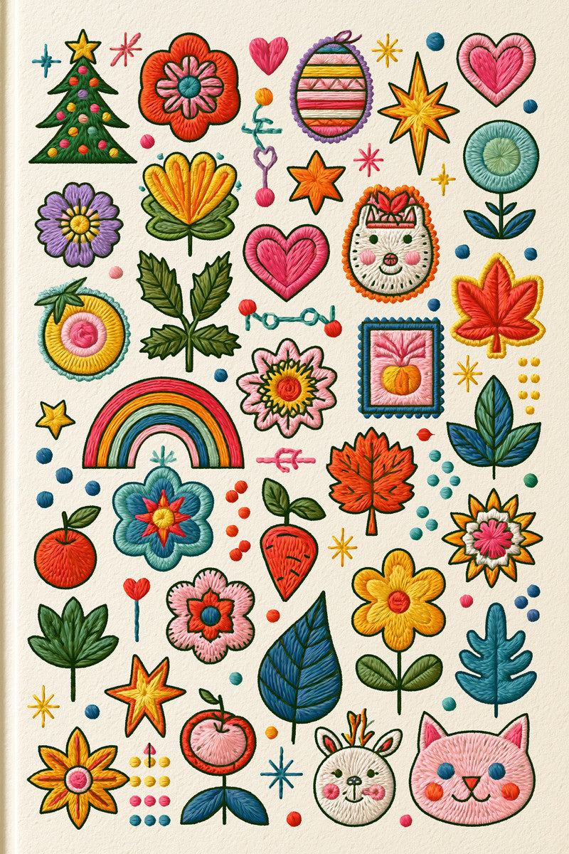 Original design: dense seasonal motif sampler with small flowers, decorated green tree, striped oval ornament, hearts, stars, rainbow, leaves, round animal faces, fruit motifs, fine linked decorative lines and scattered dots.