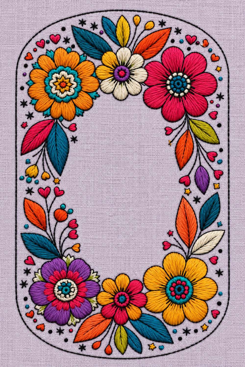 Hand embroidery of six large multicolour flowers with pointed leaves, hearts and tiny stars framing a large empty rounded rectangle inside a fine stitched perimeter on pale dusty lavender linen.
