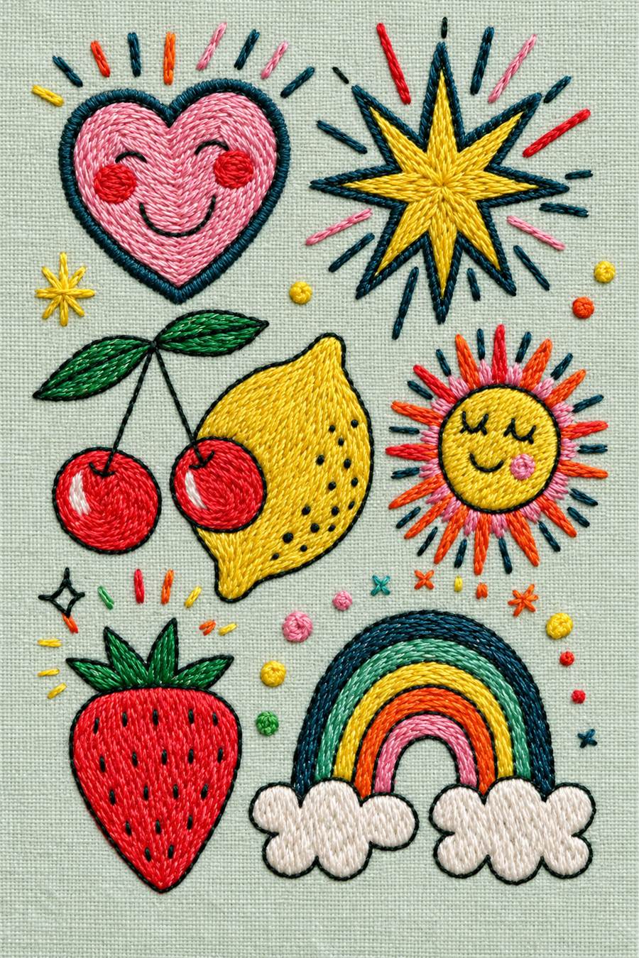 Hand embroidery of playful sampler of a smiling pink heart, yellow starburst, paired cherries, lemon, smiling sun, strawberry and rainbow on two white clouds on muted pale celadon linen.