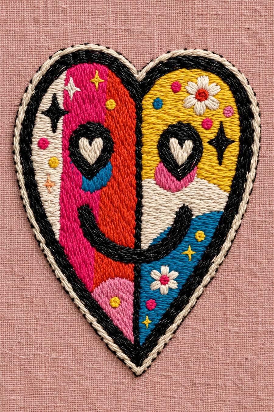 Embroidery visualization: smiling patchwork heart with heart-shaped eyes and small flowers on dusty rose linen.