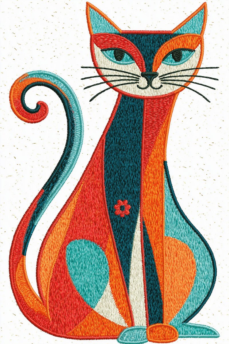 Original design: one tall sitting colour-block cat with a curled tail, turquoise orange and red panels, pale face, fine whiskers and one tiny chest flower.