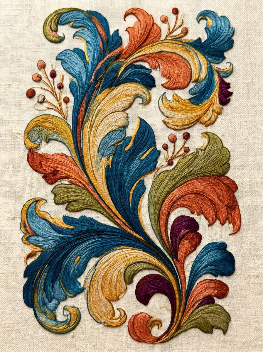 Colorful Acanthus Ornament from Baroque Scrollwork & Luxury Ornament Book 3, a digital embroidery design reference for machine embroidery designs, embroidery patterns and embroidery design reference.