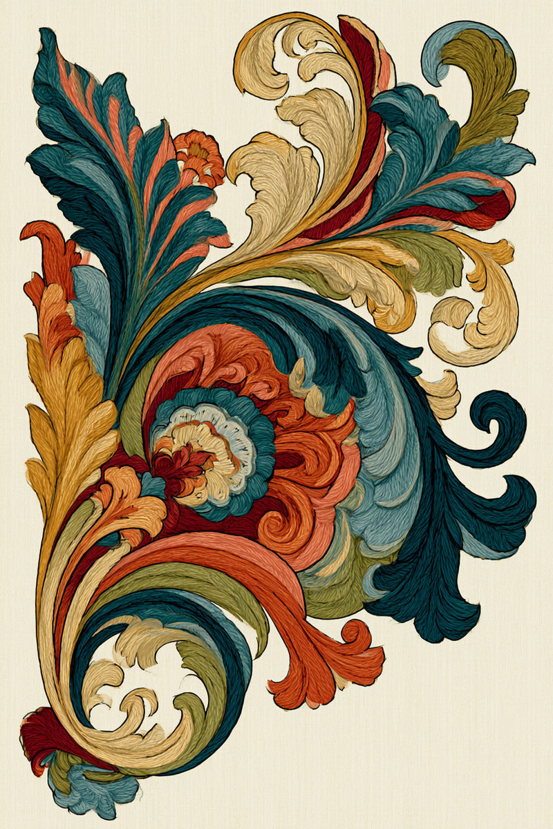Colorful Baroque Corner from Baroque Scrollwork & Luxury Ornament Book 4, a digital embroidery design reference for machine embroidery designs, embroidery patterns and corner embroidery.