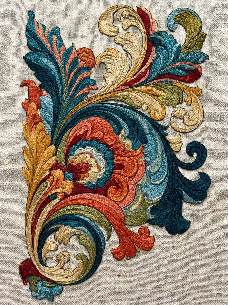 Colorful Baroque Corner from Baroque Scrollwork & Luxury Ornament Book 4, a digital embroidery design reference for machine embroidery designs, embroidery patterns and corner embroidery.