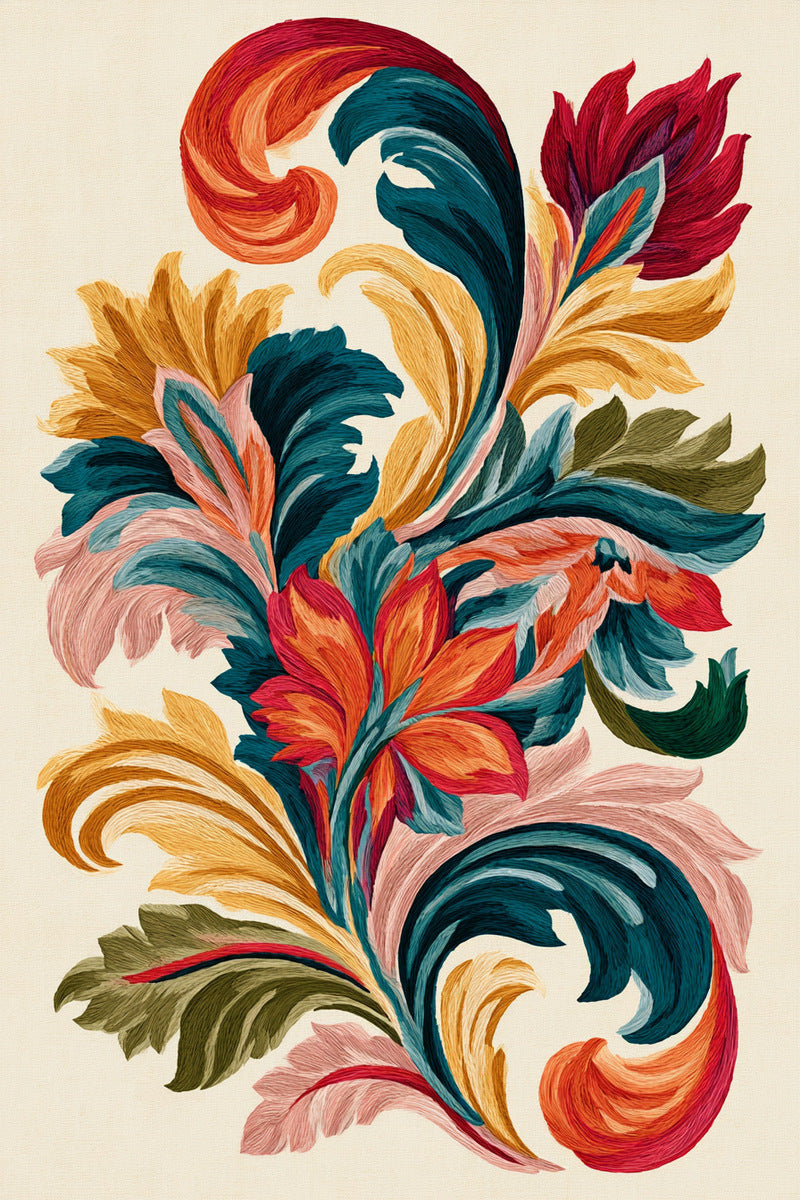 Colorful Baroque Scroll Motif from Baroque Scrollwork & Luxury Ornament Book 1, a digital embroidery design reference for machine embroidery designs, embroidery patterns and embroidery design reference.