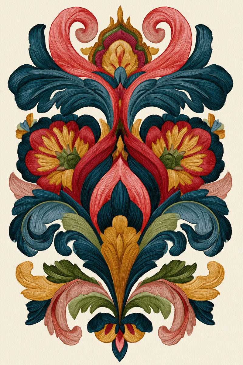 Colorful Baroque Scroll Motif from Baroque Scrollwork & Luxury Ornament Book 2, a digital embroidery design reference for machine embroidery designs, embroidery patterns and embroidery design reference.