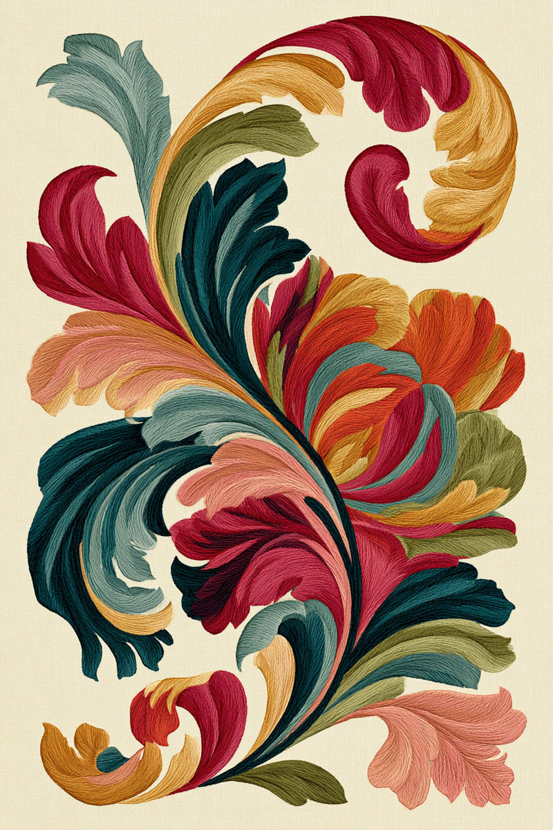 Colorful Baroque Scroll Motif from Baroque Scrollwork & Luxury Ornament Book 4, a digital embroidery design reference for machine embroidery designs, embroidery patterns and embroidery design reference.