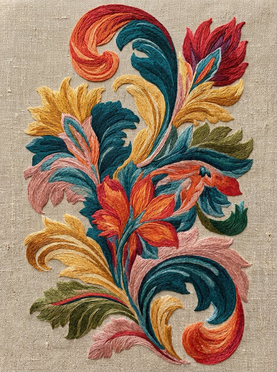 Colorful Baroque Scroll Motif from Baroque Scrollwork & Luxury Ornament Book 1, a digital embroidery design reference for machine embroidery designs, embroidery patterns and embroidery design reference.