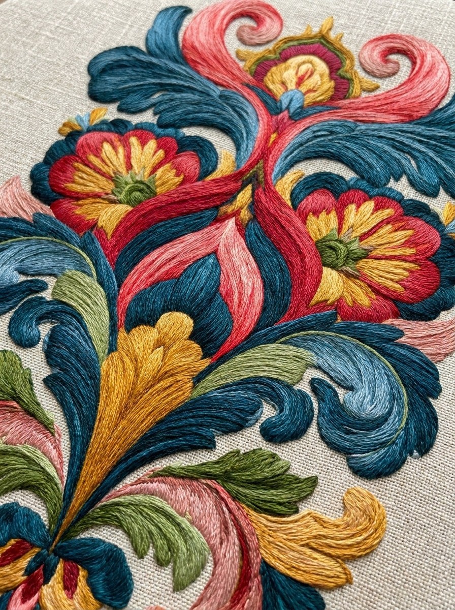 Colorful Baroque Scroll Motif from Baroque Scrollwork & Luxury Ornament Book 2, a digital embroidery design reference for machine embroidery designs, embroidery patterns and embroidery design reference.