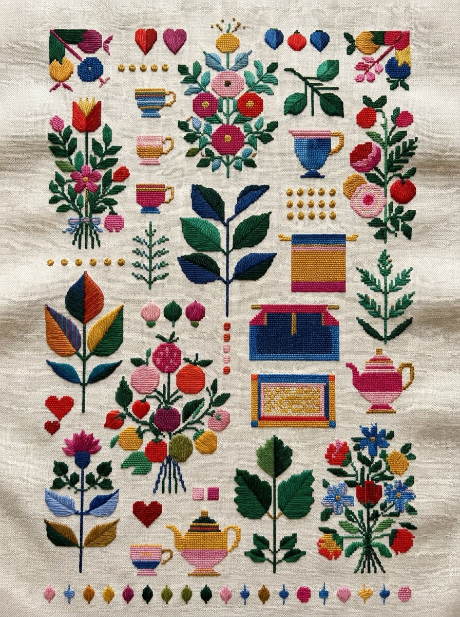 Colorful Kitchen Gift And Small 02 from Modern Colorwork Embroidery Book 1, a digital embroidery design reference for machine embroidery designs, embroidery patterns and linen and home textile projects.