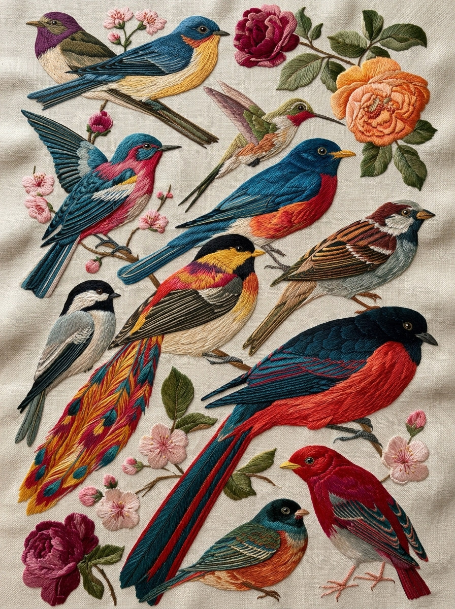 Complete Birds Embroidery Collection Plate from Birds Embroidery Book 4, a digital embroidery design reference for machine embroidery designs, embroidery patterns and embroidery design reference.