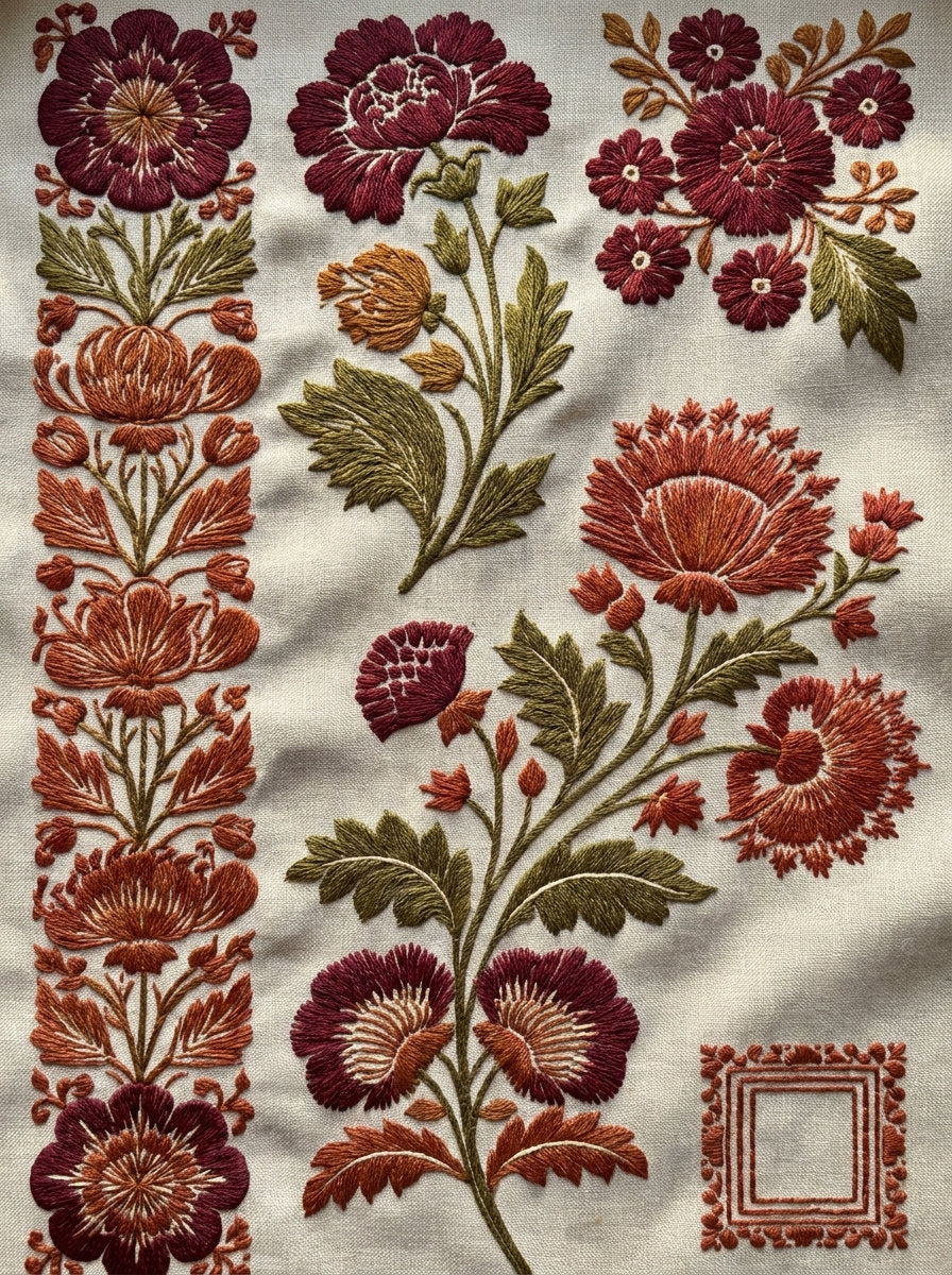 Complete Folk Home Linen Plate from Hungarian & Slavic Embroidery Motifs Book 1, a digital embroidery design reference for machine embroidery designs, embroidery patterns and linen and home textile projects.