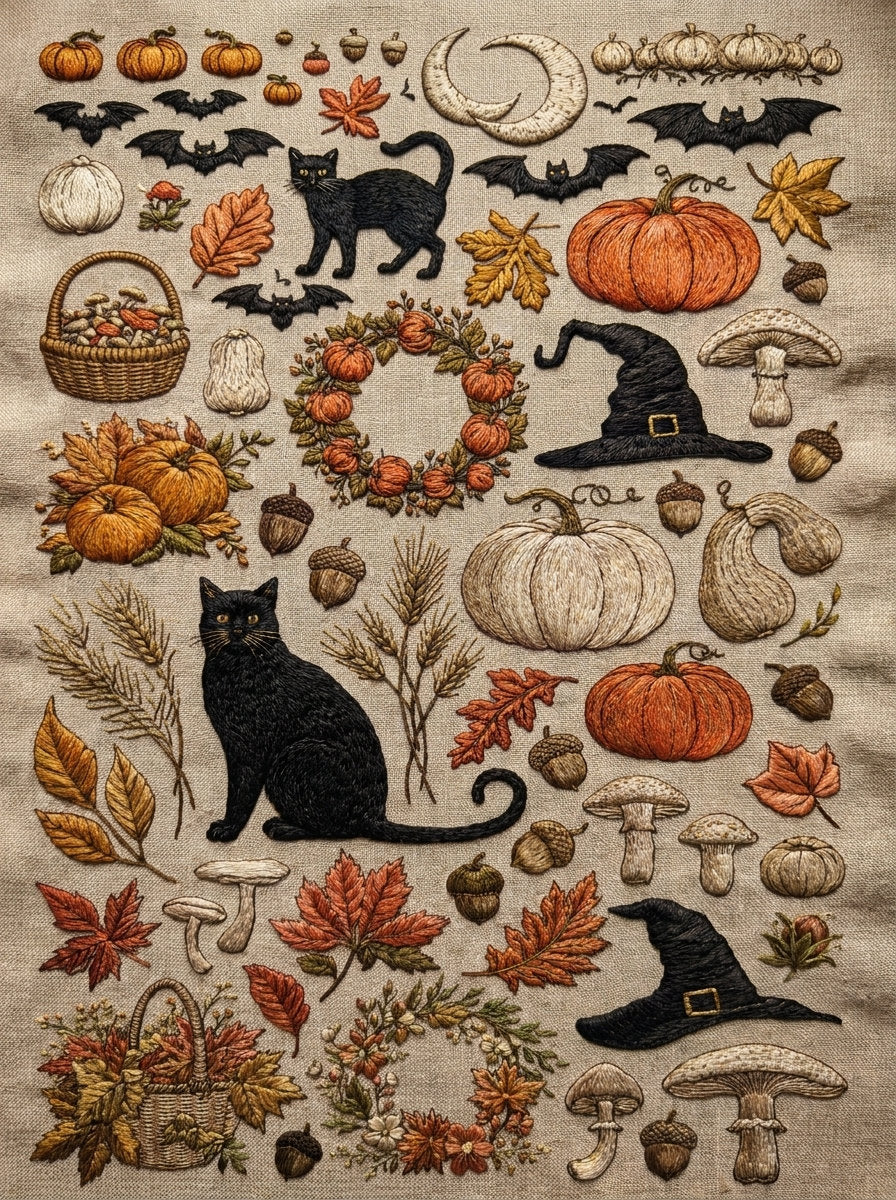 Complete Halloween Autumn Embroidery Collection Png from Halloween & Autumn Embroidery Book 2, a digital embroidery design reference for machine embroidery designs, embroidery patterns and seasonal embroidery motifs.
