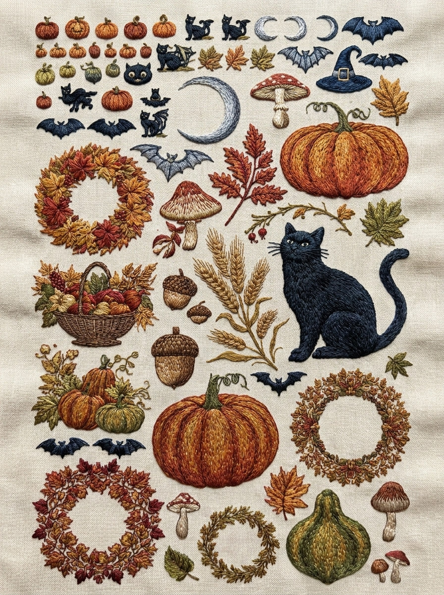 Complete Halloween Autumn Embroidery Collection Png from Halloween & Autumn Embroidery Book 3, a digital embroidery design reference for machine embroidery designs, embroidery patterns and seasonal embroidery motifs.