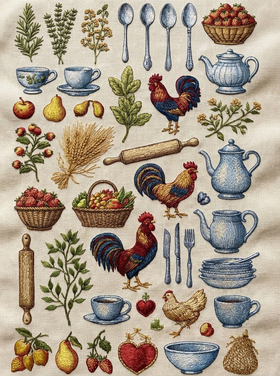 Complete Kitchen Towels Aprons Embroidery Png from Kitchen Towels & Aprons Embroidery Book 1, a digital embroidery design reference for machine embroidery designs, embroidery patterns and linen and home textile projects.