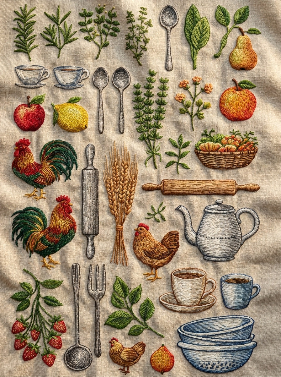 Complete Kitchen Towels Aprons Embroidery Png from Kitchen Towels & Aprons Embroidery Book 2, a digital embroidery design reference for machine embroidery designs, embroidery patterns and linen and home textile projects.